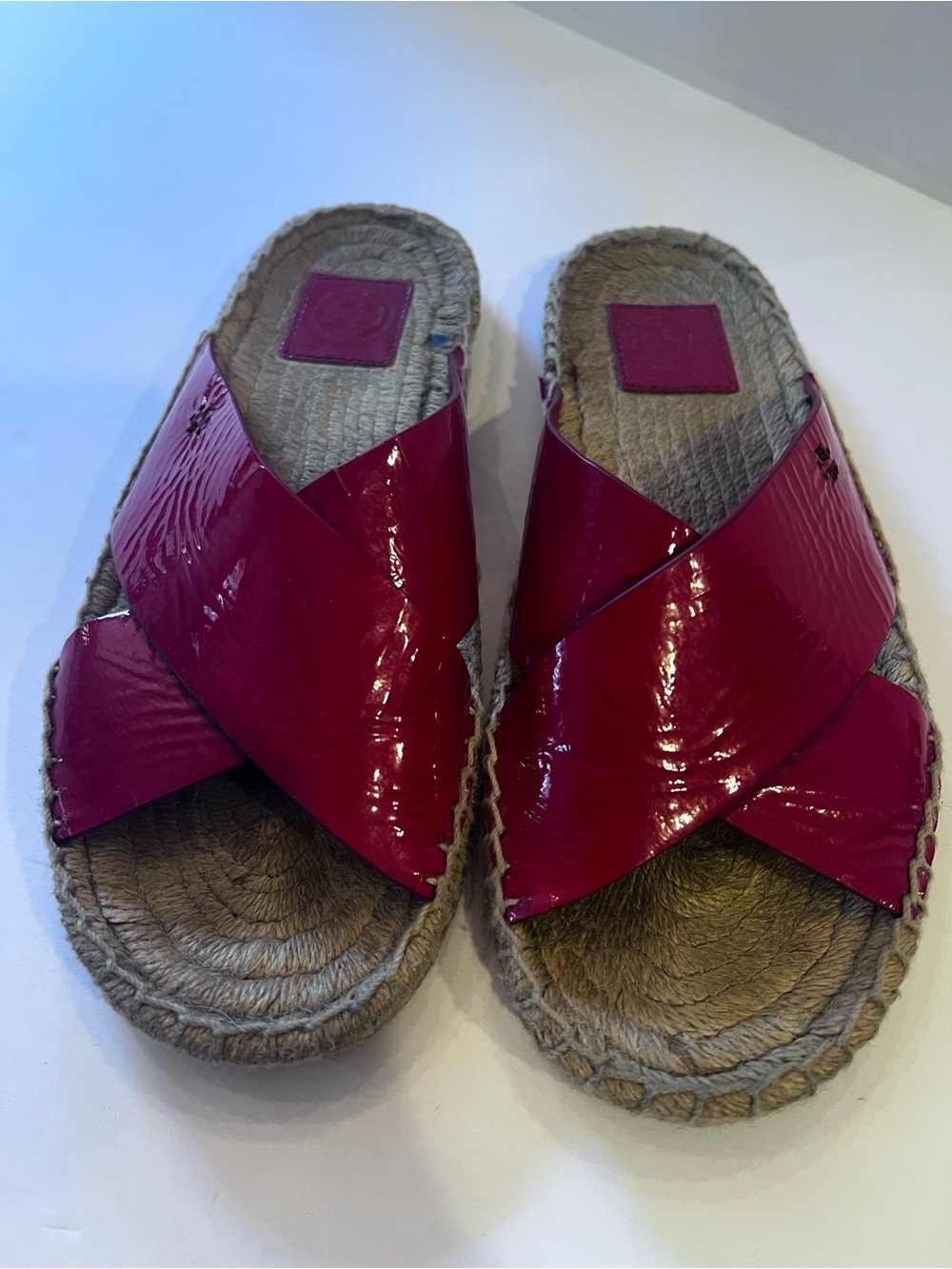 Tory Burch Red Patent Leather Crisscross Slide Espadrille Sandals 8.5